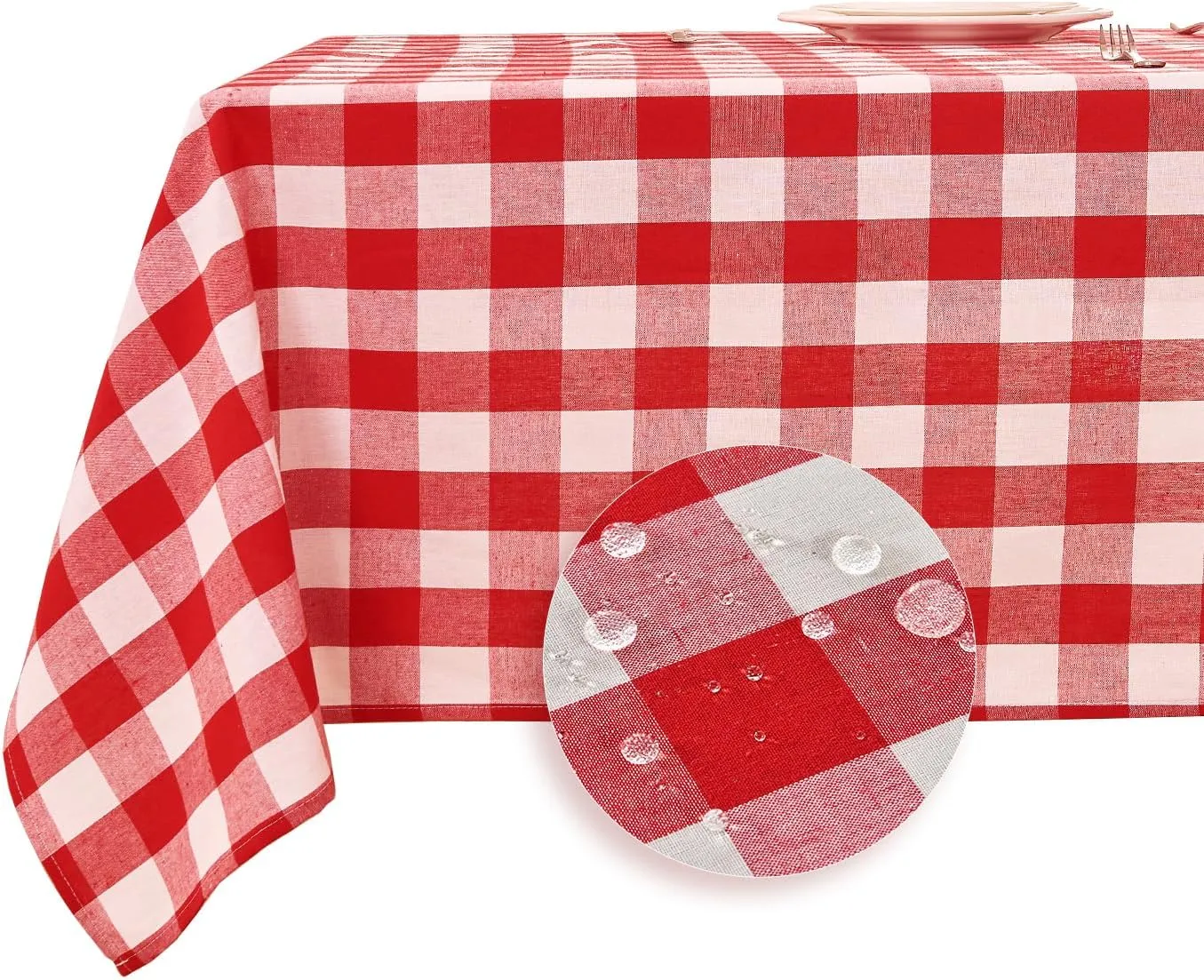 Gingham Tablecloth – Waterproof Rectangle Table Cloth, Yarn-Dyed Cotton Blend Checkered Tablecloth, Wipeclean Washable Picnic Table Cover for Dining, Camping, Outdoor (Red, 55"×71")