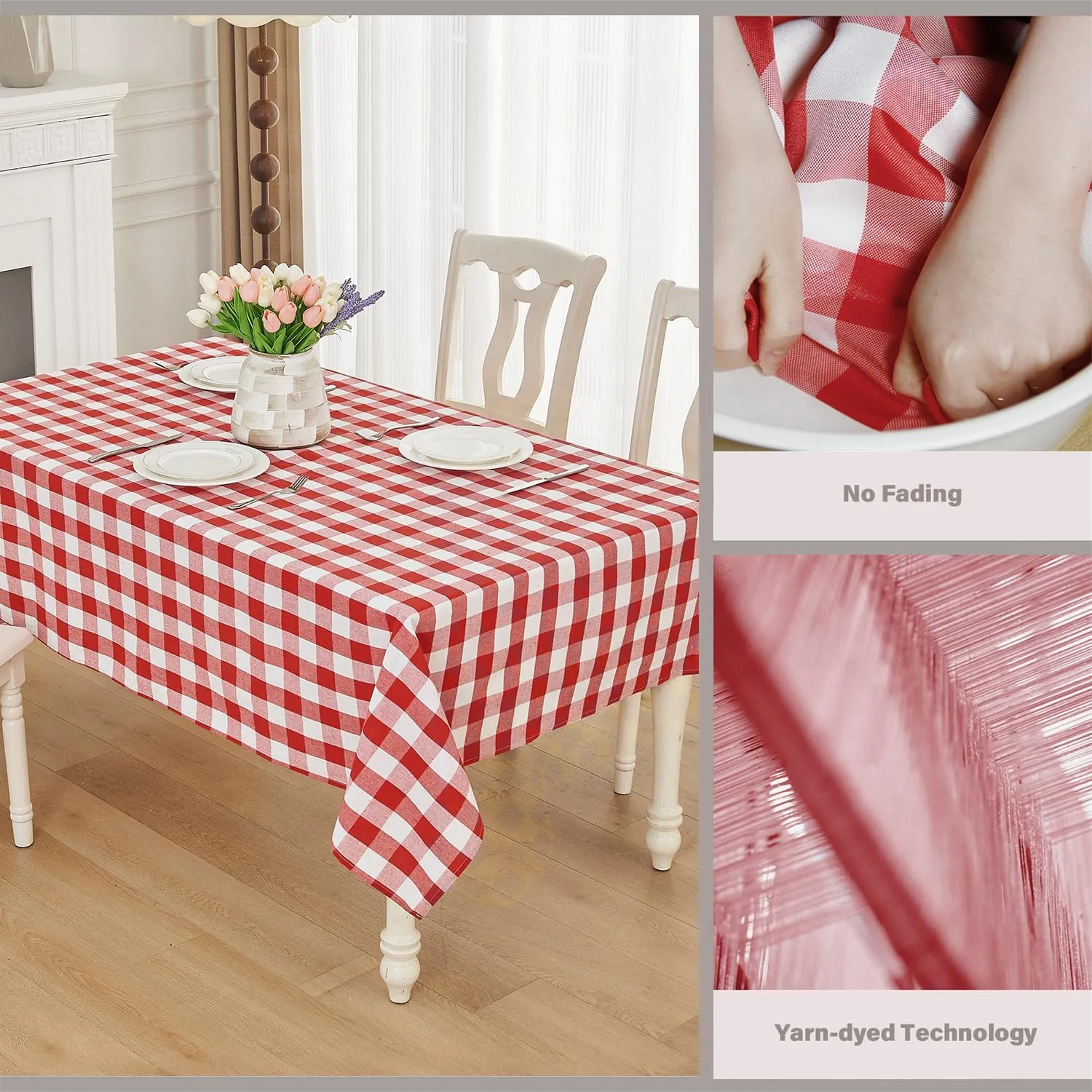 Gingham Tablecloth – Waterproof Rectangle Table Cloth, Yarn-Dyed Cotton Blend Checkered Tablecloth, Wipeclean Washable Picnic Table Cover for Dining, Camping, Outdoor (Red, 55"×71")