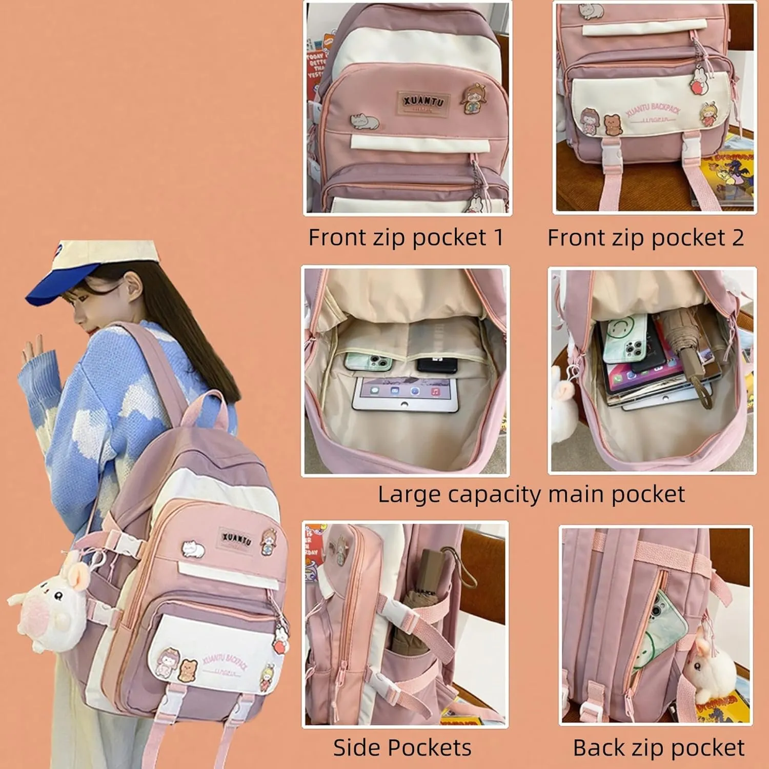 Girls kawaii Backpack for School Aesthetic Backpack for Girls Kids Elementary/Middle School Bag
