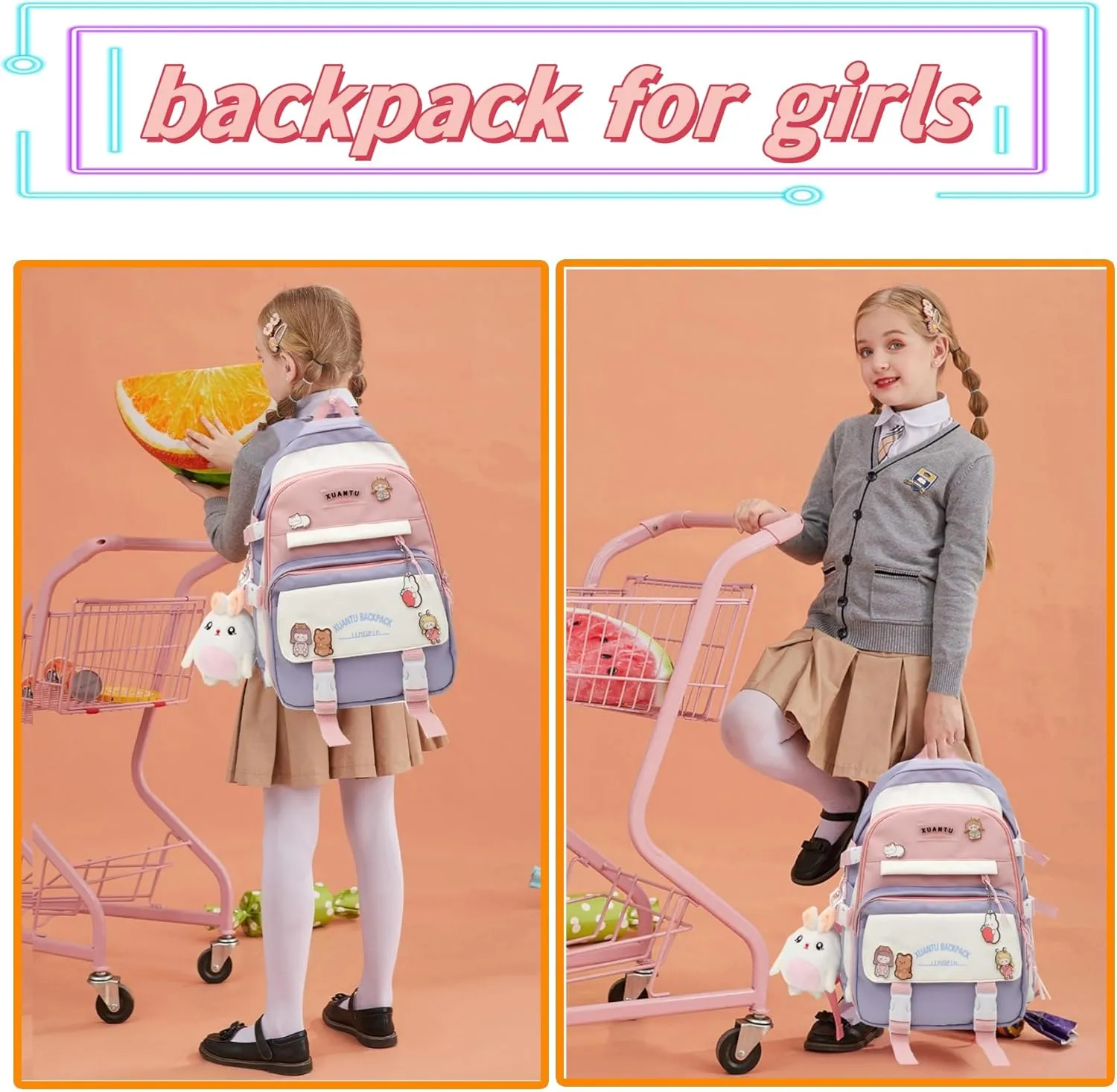Girls kawaii Backpack for School Aesthetic Backpack for Girls Kids Elementary/Middle School Bag