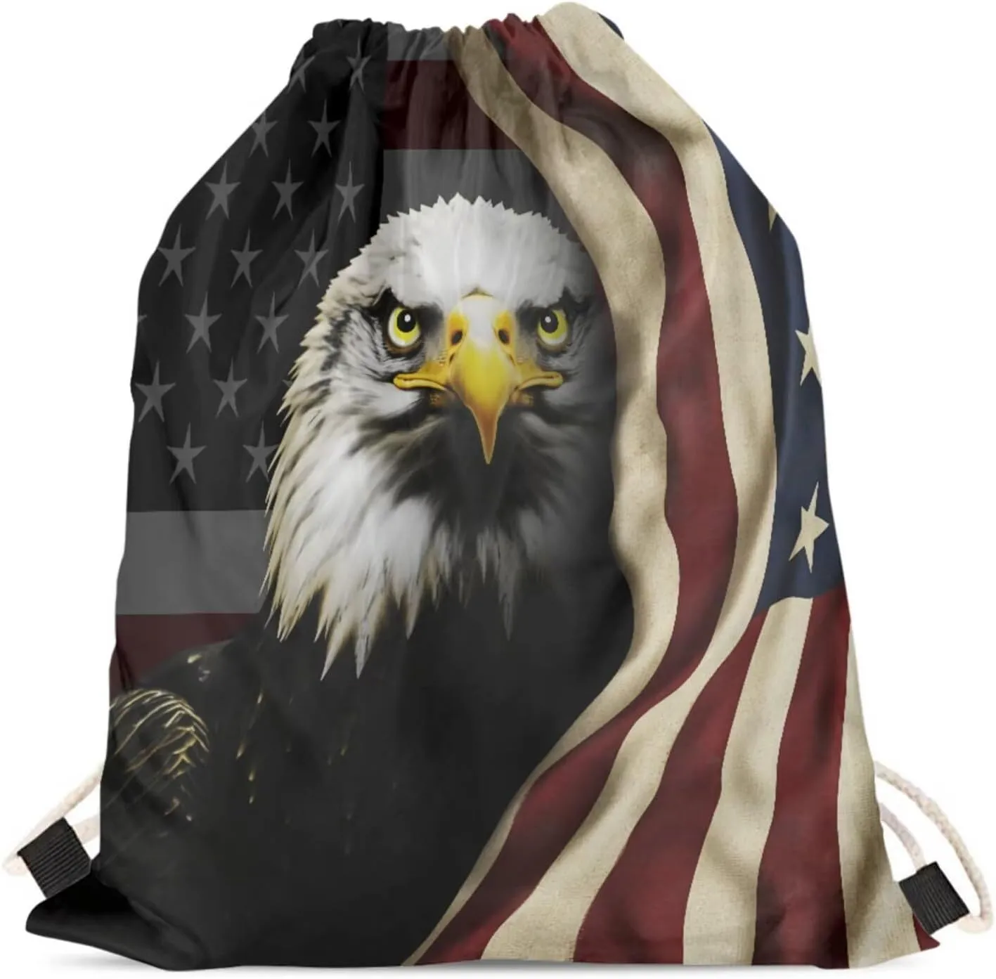GLENLCWE Ameican Flag Owl Drawstring Bags 3 Pcs Heavy Duty Drawstring Party Cinch Backpacks Hiking Traveling Sports Bag