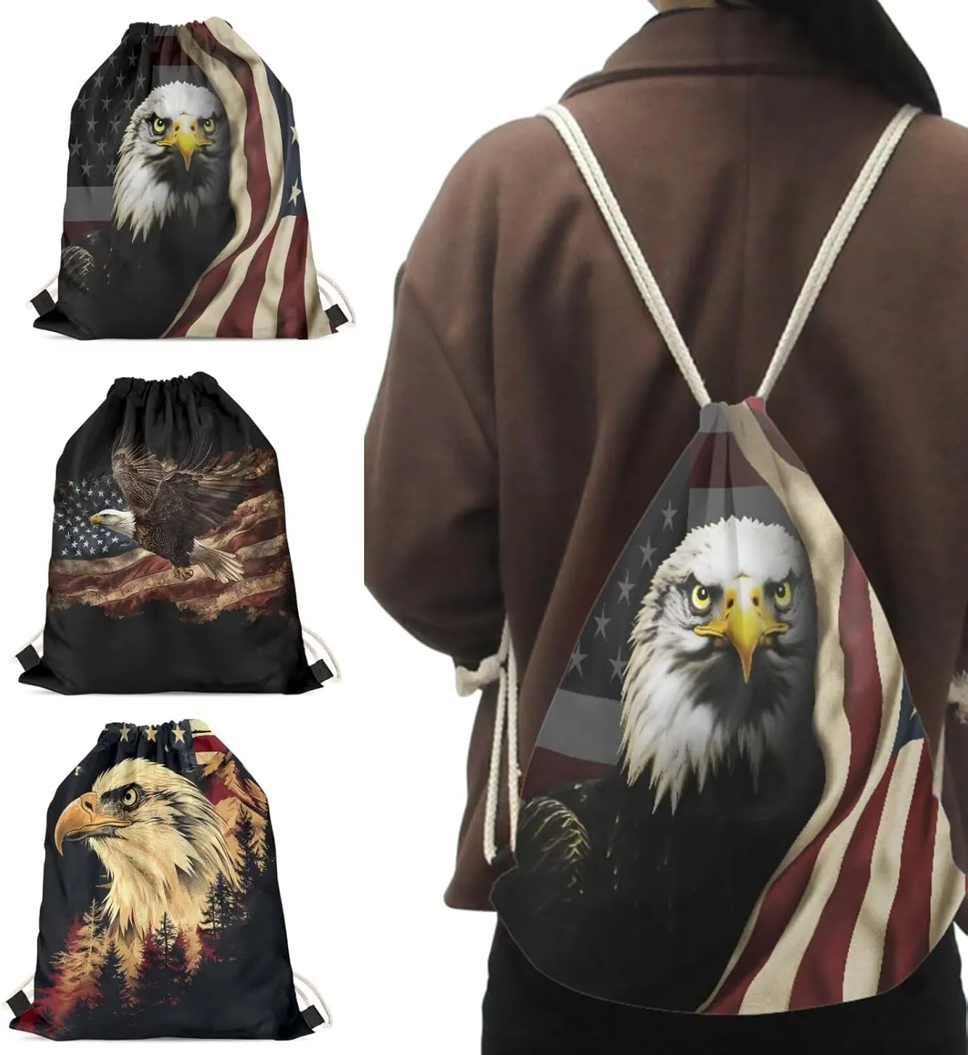 GLENLCWE Ameican Flag Owl Drawstring Bags 3 Pcs Heavy Duty Drawstring Party Cinch Backpacks Hiking Traveling Sports Bag