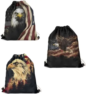 GLENLCWE Ameican Flag Owl Drawstring Bags 3 Pcs Heavy Duty Drawstring Party Cinch Backpacks Hiking Traveling Sports Bag
