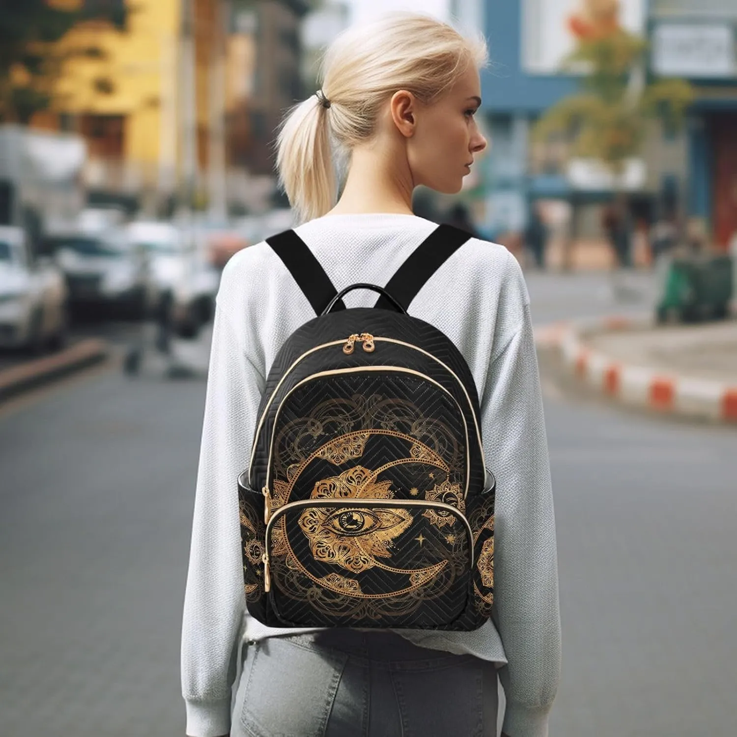 Golden Moon and Sun Mandala Mini Backpack for Women, Travel Backpack Purse for Ladies Fashion Shoulder Bag Daypack Travel Bag