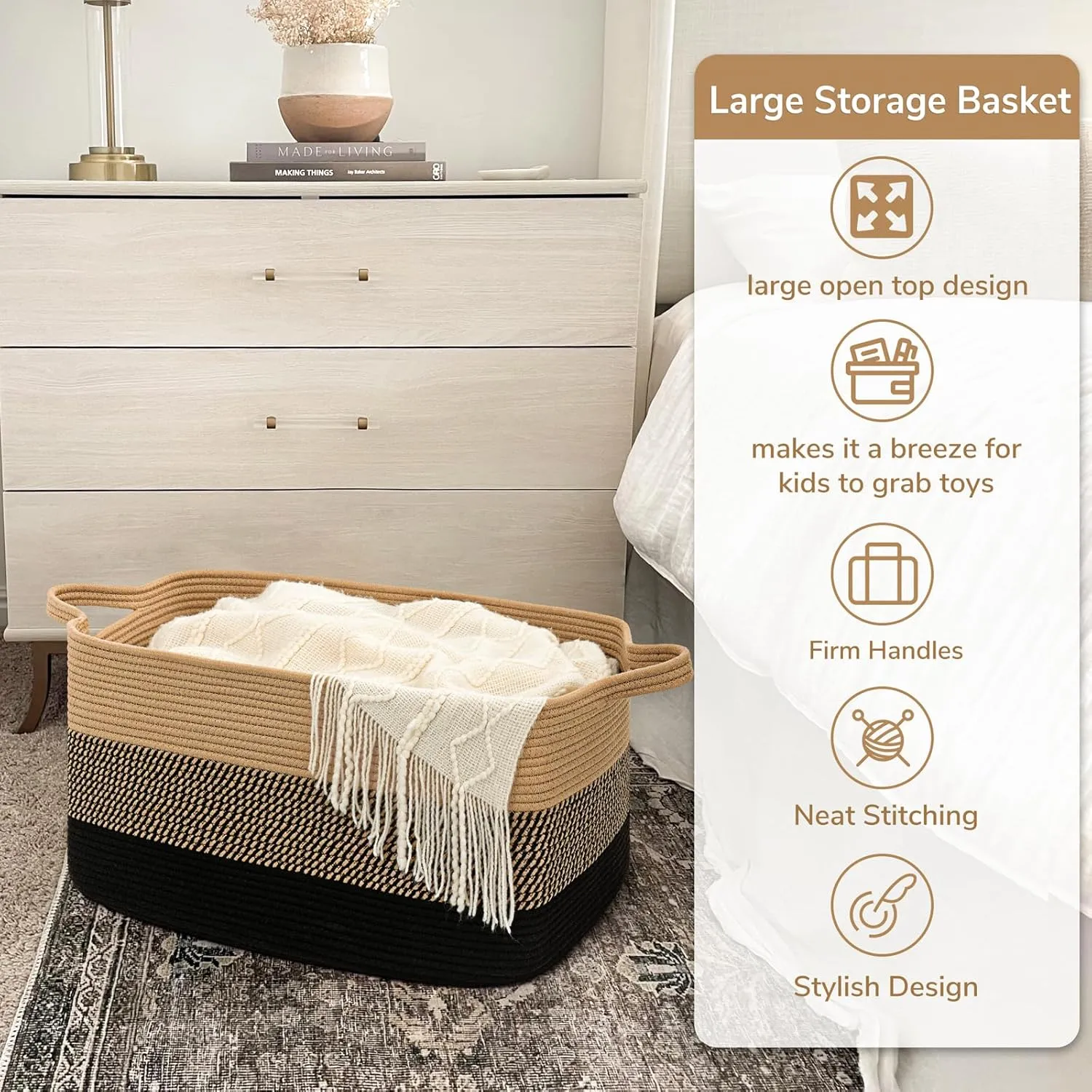 Goodpick Woven Blanket Basket, 21.6" x 14.9" x 11.8" Wicker Laundry Basket for Clothes, Storage Baskets for Organizing, Rectangle Rope Large Baskets for Storage, Black Jute