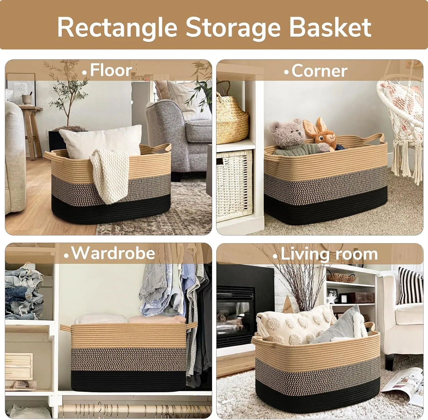 Goodpick Woven Blanket Basket, 21.6" x 14.9" x 11.8" Wicker Laundry Basket for Clothes, Storage Baskets for Organizing, Rectangle Rope Large Baskets for Storage, Black Jute