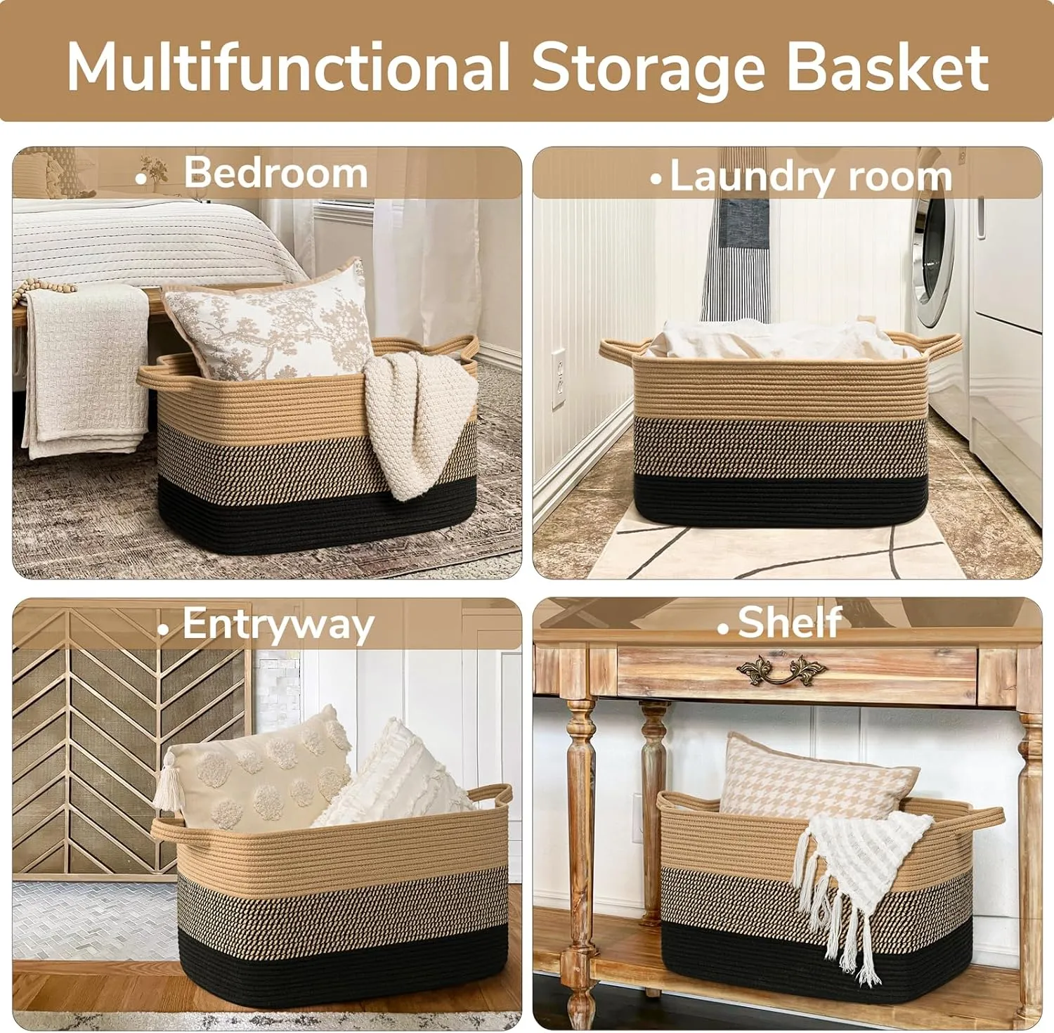 Goodpick Woven Blanket Basket, 21.6" x 14.9" x 11.8" Wicker Laundry Basket for Clothes, Storage Baskets for Organizing, Rectangle Rope Large Baskets for Storage, Black Jute