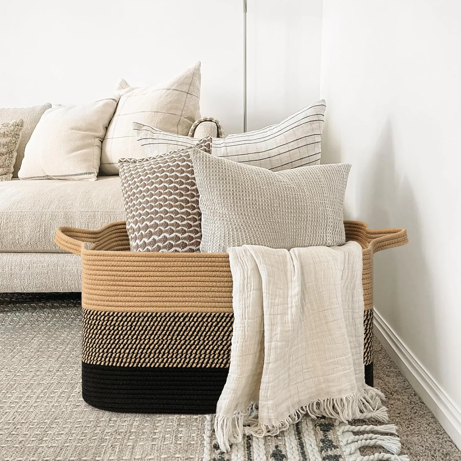 Goodpick Woven Blanket Basket, 21.6" x 14.9" x 11.8" Wicker Laundry Basket for Clothes, Storage Baskets for Organizing, Rectangle Rope Large Baskets for Storage, Black Jute