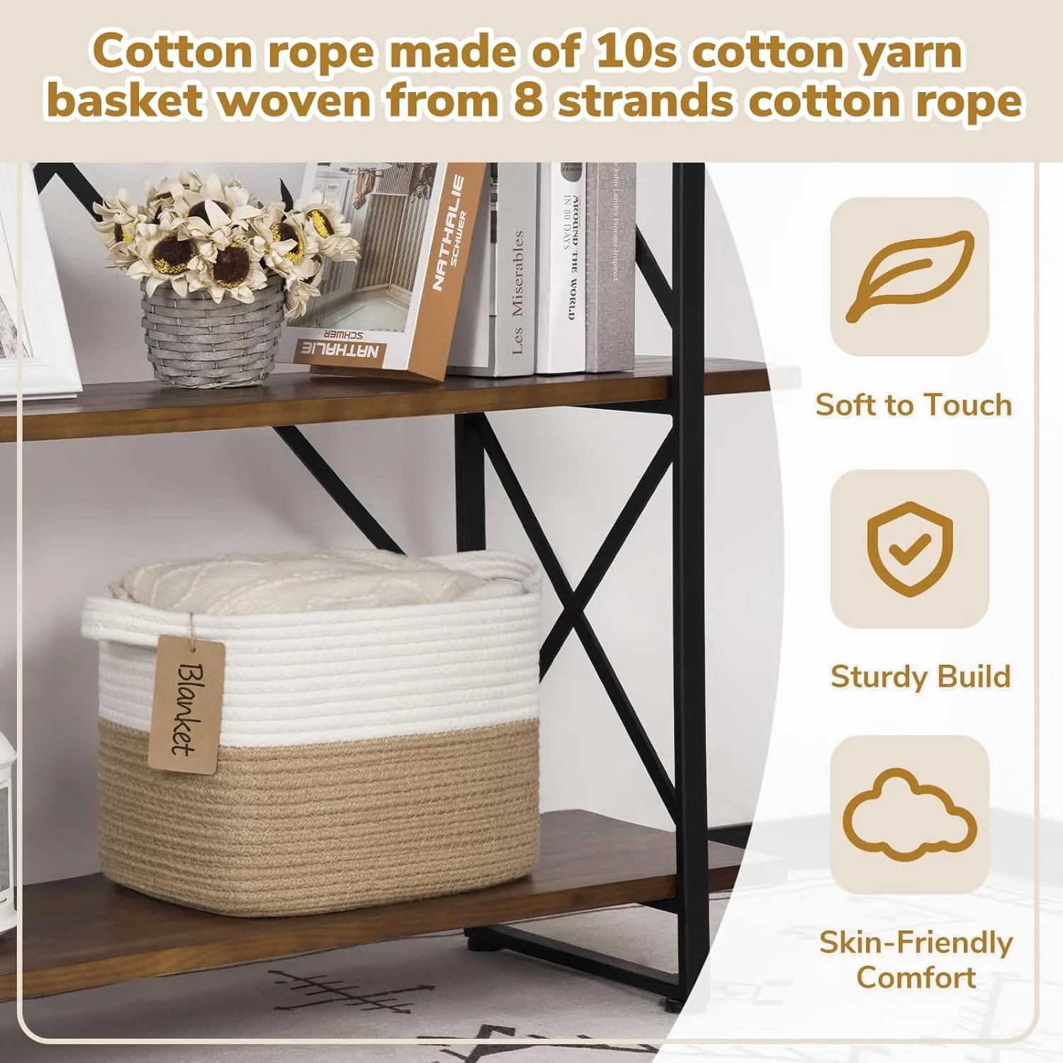 Goodpick Woven Storage Baskets for Organizing, Dog Toy Basket Medium Empty Gift Basket with Handles, Square Wicker Basket, White and Jute Storage Bin, 13.5 x 11 x 9.5 Inches