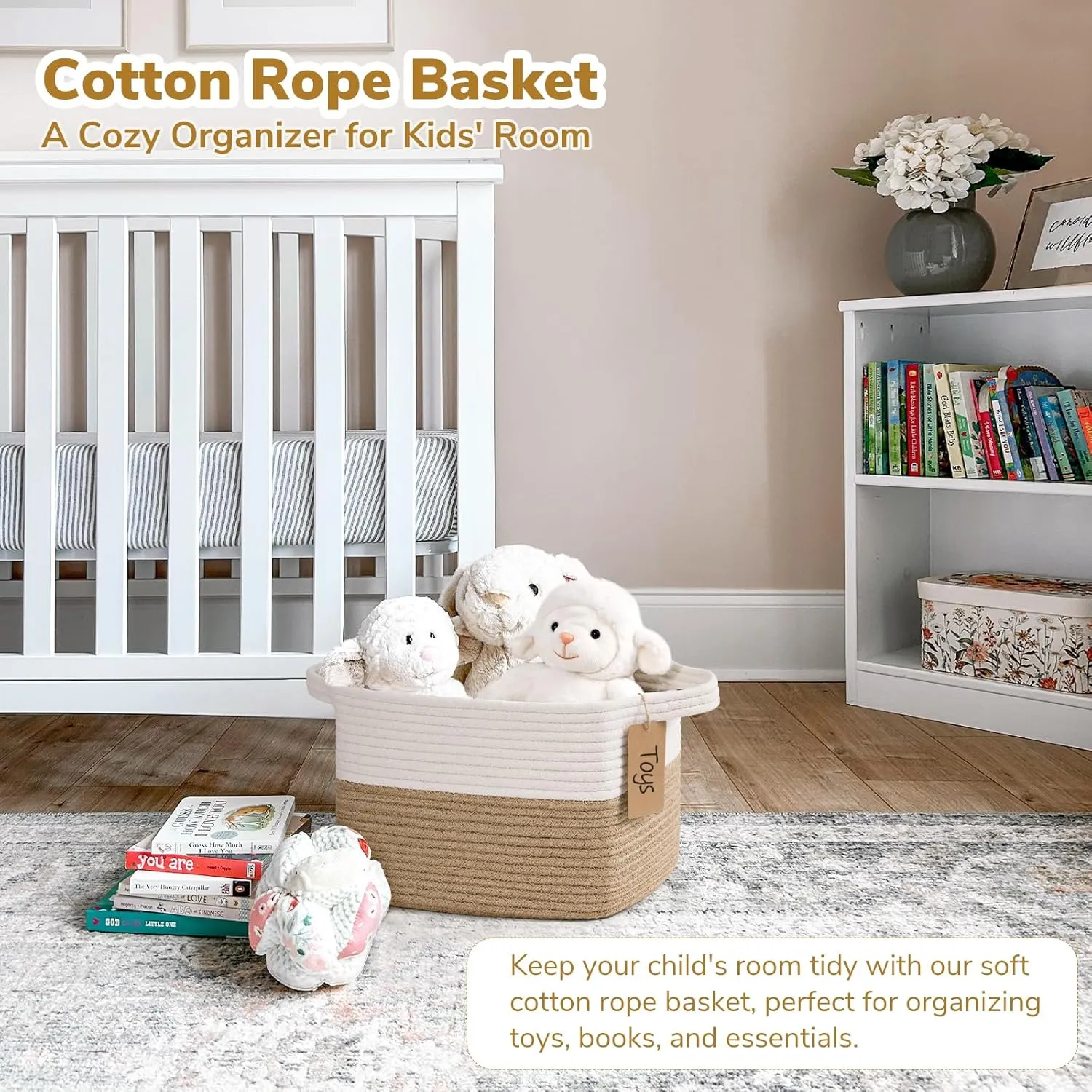 Goodpick Woven Storage Baskets for Organizing, Dog Toy Basket Medium Empty Gift Basket with Handles, Square Wicker Basket, White and Jute Storage Bin, 13.5 x 11 x 9.5 Inches
