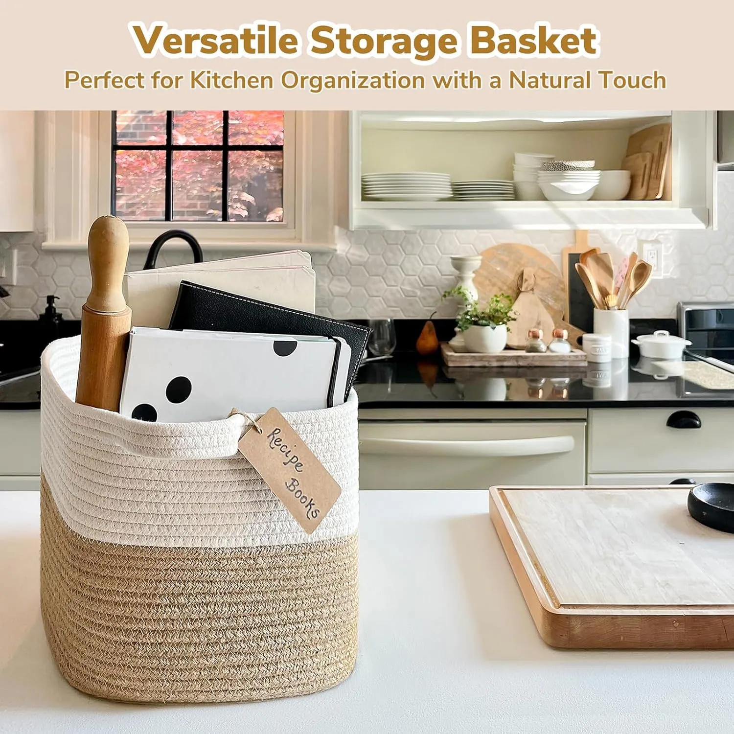 Goodpick Woven Storage Baskets for Organizing, Dog Toy Basket Medium Empty Gift Basket with Handles, Square Wicker Basket, White and Jute Storage Bin, 13.5 x 11 x 9.5 Inches