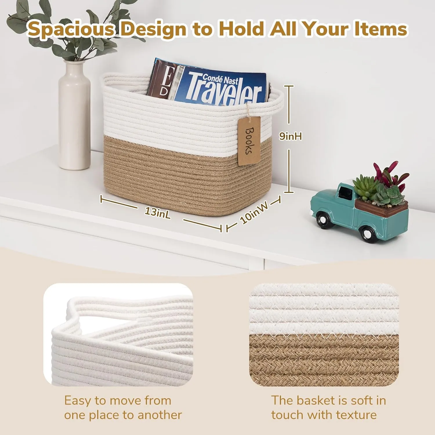 Goodpick Woven Storage Baskets for Organizing, Dog Toy Basket Medium Empty Gift Basket with Handles, Square Wicker Basket, White and Jute Storage Bin, 13.5 x 11 x 9.5 Inches