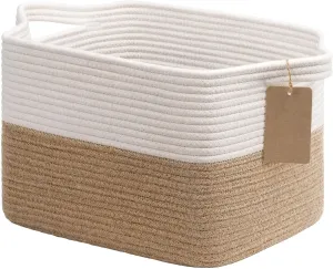 Goodpick Woven Storage Baskets for Organizing, Dog Toy Basket Medium Empty Gift Basket with Handles, Square Wicker Basket, White and Jute Storage Bin, 13.5 x 11 x 9.5 Inches