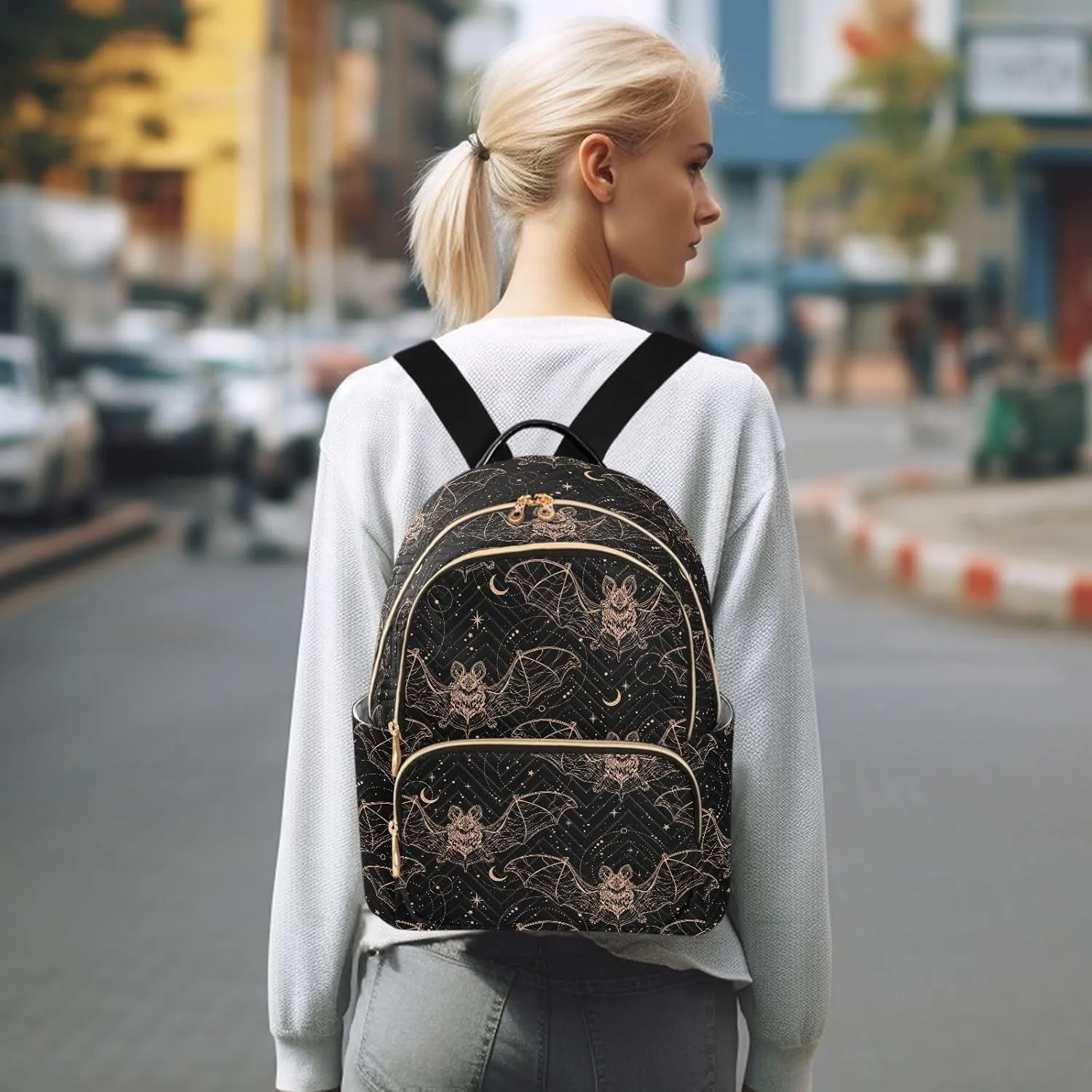 Gothic Bats Moon Mini Backpack Fashion Backpack Purse for Women,Handbag Shoulder Bag Casual Daypack, Ladies Gift for College Work （M）