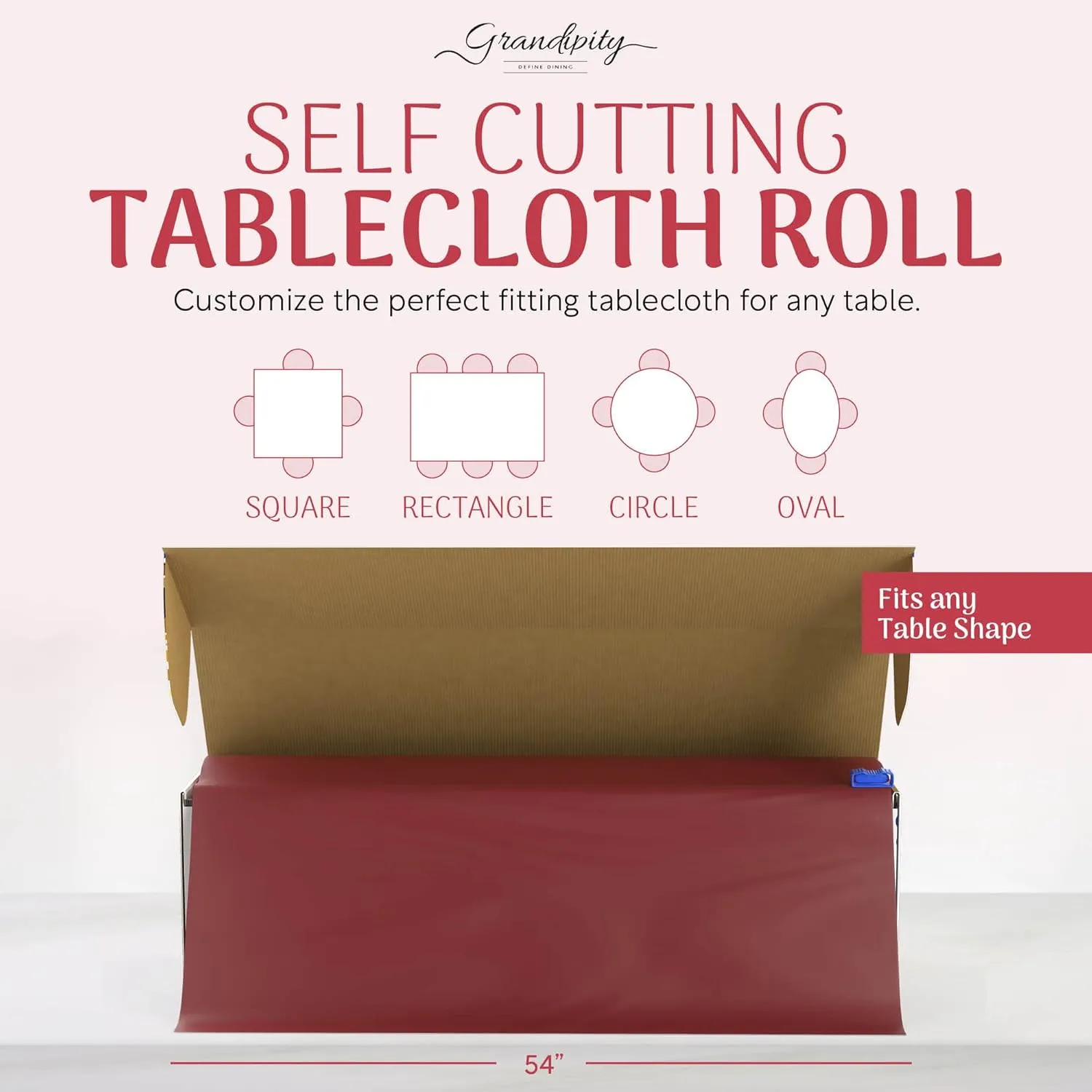 Grandipity Plastic Rectangular Tablecloth Roll, 54x100' Burgundy, Disposable with Cutter Box, Wrinkle-Resistant, Waterproof, for Parties & Events