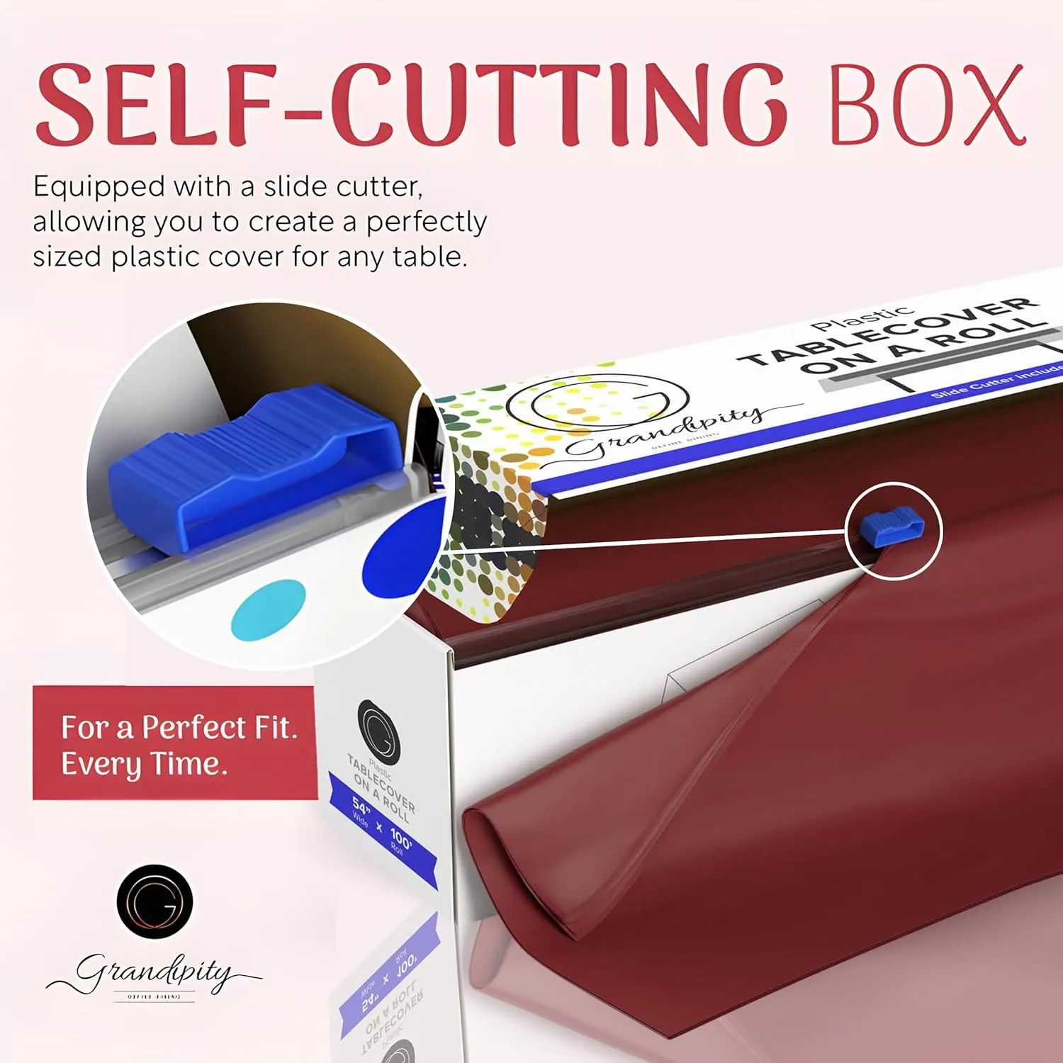 Grandipity Plastic Rectangular Tablecloth Roll, 54x100' Burgundy, Disposable with Cutter Box, Wrinkle-Resistant, Waterproof, for Parties & Events