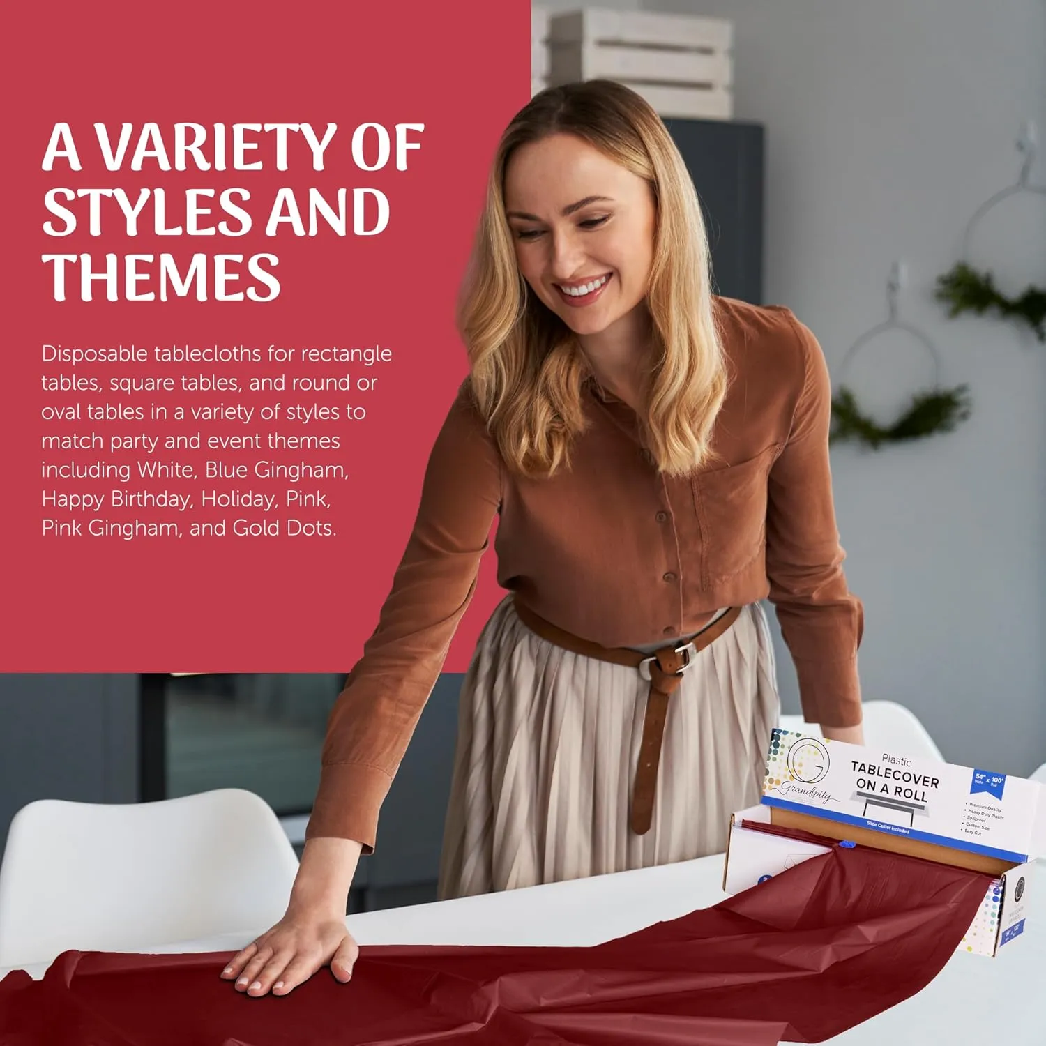 Grandipity Plastic Rectangular Tablecloth Roll, 54x100' Burgundy, Disposable with Cutter Box, Wrinkle-Resistant, Waterproof, for Parties & Events
