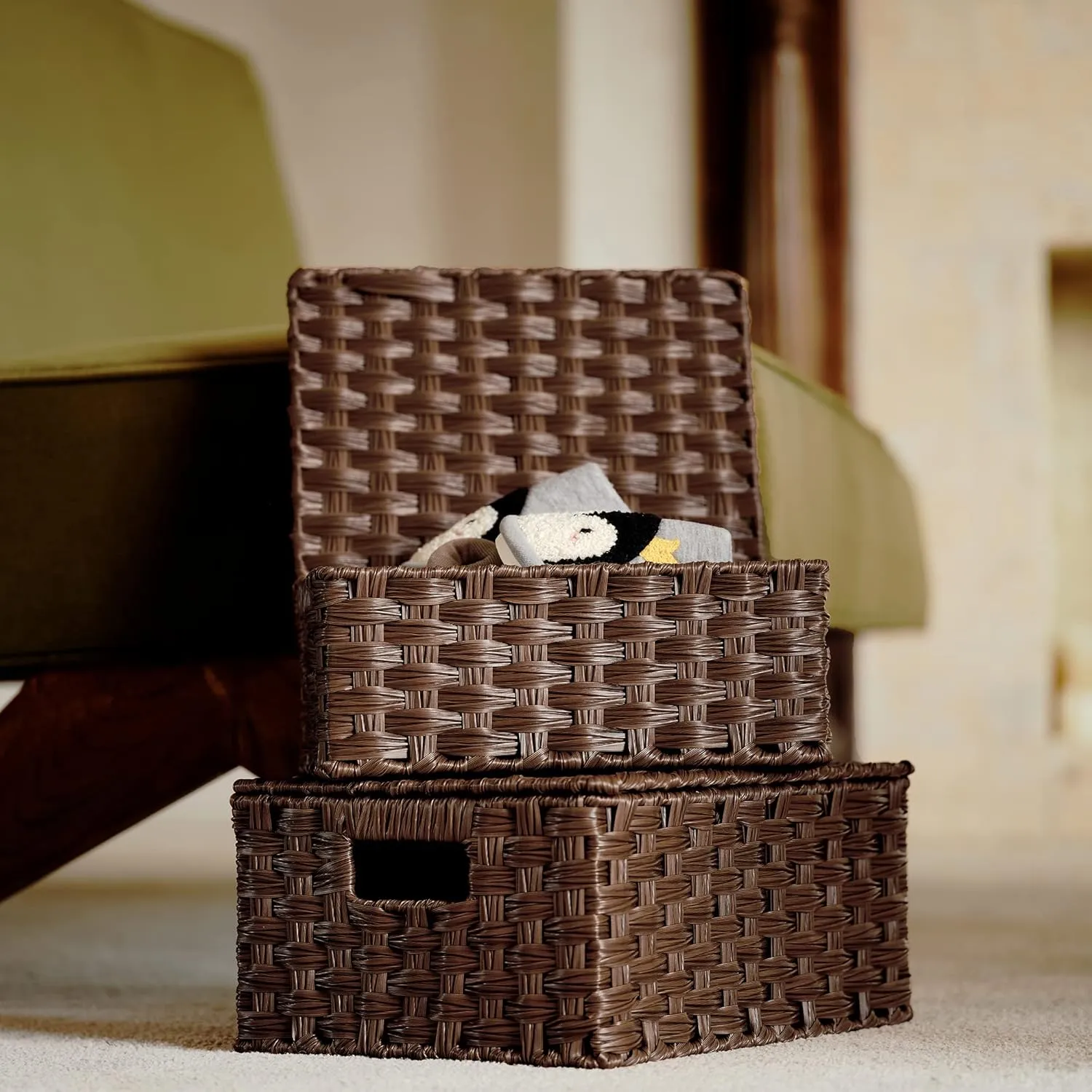 GRANNY SAYS Wicker Baskets with Lids, Set of 3 Decorative Storage Boxes, Woven Basket for Organizing, Storage and Organizer Baskets, Brown, 3-Pack