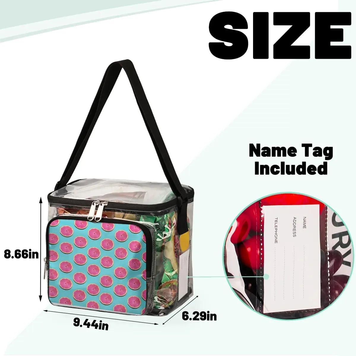 Grapefruit Pink Flesh Clear Lunch Bag Stadium Approved for Women Men Large Transparent Lunch Box with Adjustable Strap See Through Tote Bag for Work Sports Events Concerts