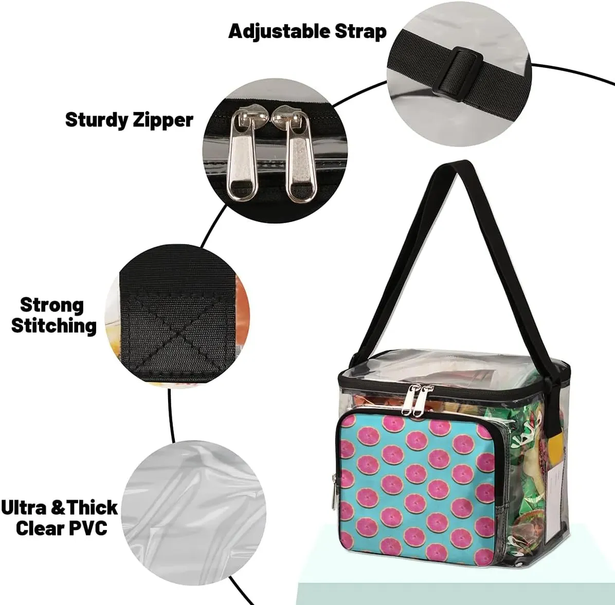 Grapefruit Pink Flesh Clear Lunch Bag Stadium Approved for Women Men Large Transparent Lunch Box with Adjustable Strap See Through Tote Bag for Work Sports Events Concerts