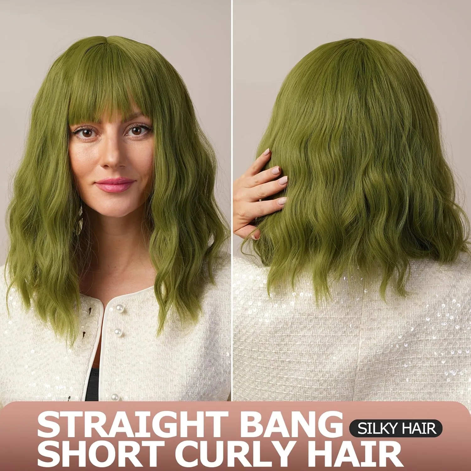 Green Curly Wig Full Fringe Synthetic Fiber Not Muggy Moderate Curl Shoulder Length Bob Suitable For Dramas Stage Plays 16 Inches