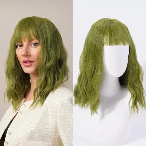 Green Curly Wig Full Fringe Synthetic Fiber Not Muggy Moderate Curl Shoulder Length Bob Suitable For Dramas Stage Plays 16 Inches