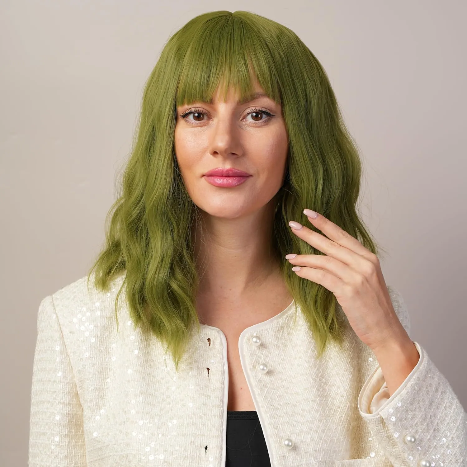 Green Curly Wig Full Fringe Synthetic Fiber Not Muggy Moderate Curl Shoulder Length Bob Suitable For Dramas Stage Plays 16 Inches