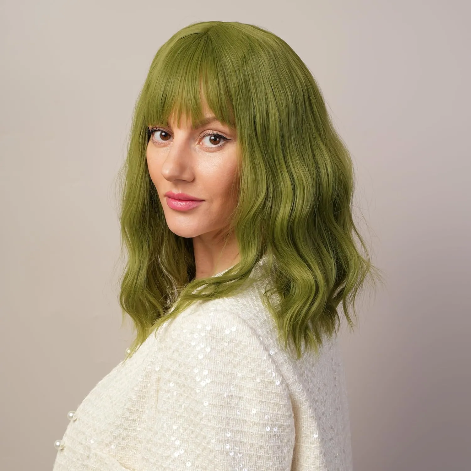Green Curly Wig Full Fringe Synthetic Fiber Not Muggy Moderate Curl Shoulder Length Bob Suitable For Dramas Stage Plays 16 Inches