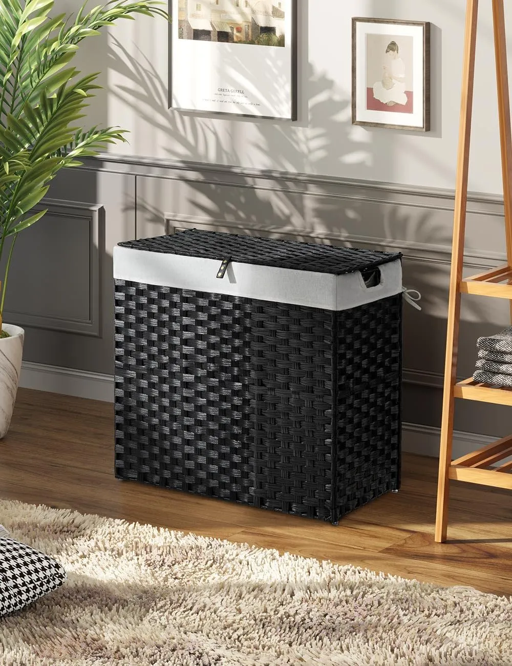 Greenstell Laundry Hamper with lid, No Install Needed, 130L Wicker Laundry Baskets Foldable 2 Removable Liner Bags, 2 Section Clothes Hamper Handwoven Rattan Laundry Basket with Handles, Black