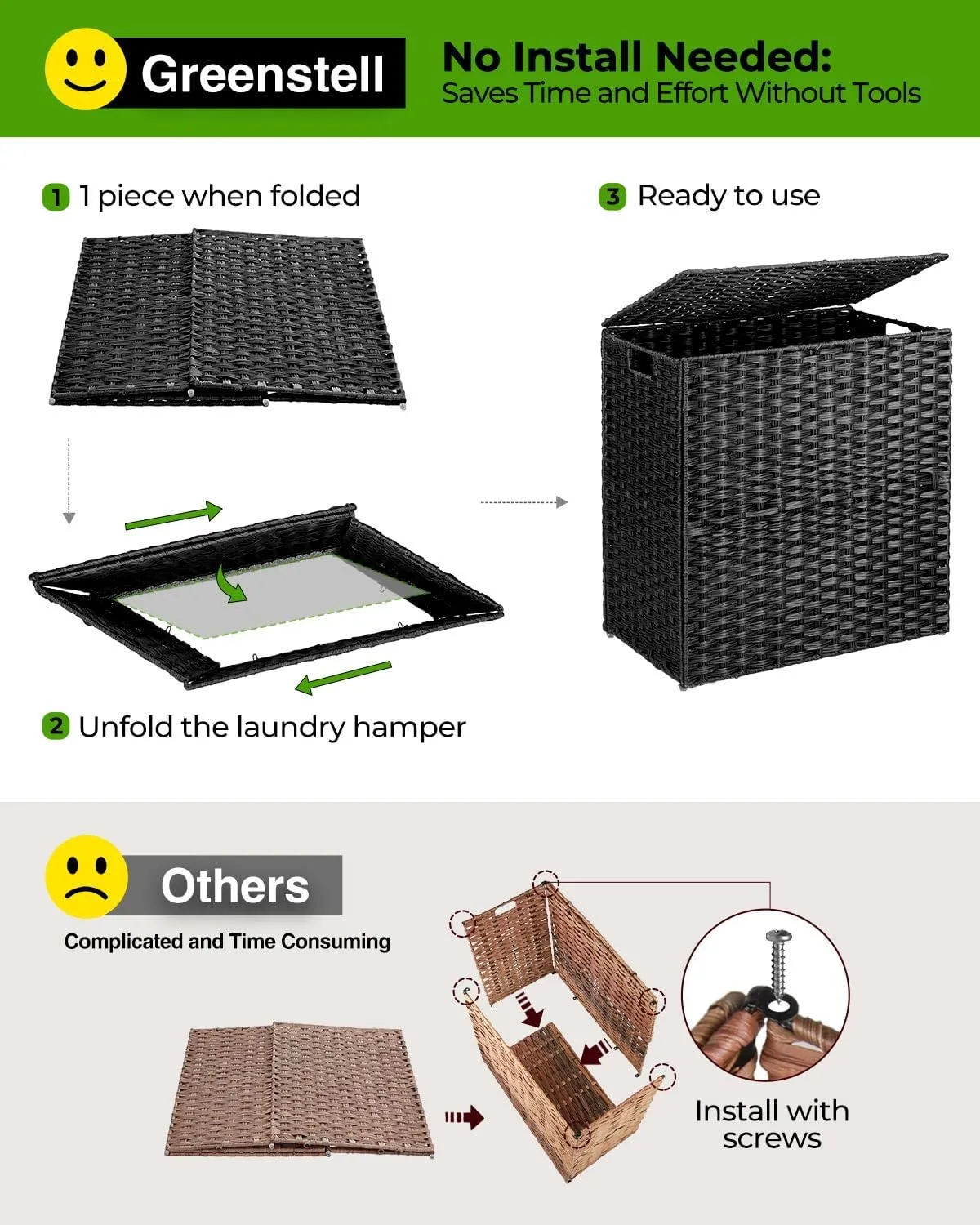 Greenstell Laundry Hamper with lid, No Install Needed, 130L Wicker Laundry Baskets Foldable 2 Removable Liner Bags, 2 Section Clothes Hamper Handwoven Rattan Laundry Basket with Handles, Black