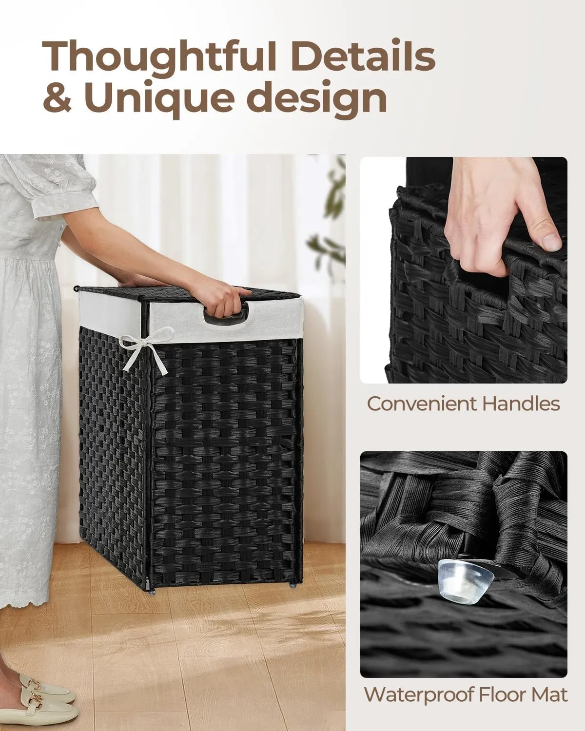 Greenstell Laundry Hamper with lid, No Install Needed, 130L Wicker Laundry Baskets Foldable 2 Removable Liner Bags, 2 Section Clothes Hamper Handwoven Rattan Laundry Basket with Handles, Black