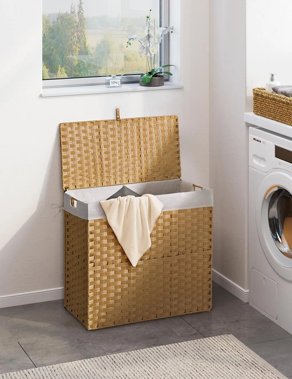 Greenstell Laundry Hamper with lid, No Install Needed, 130L Wicker Laundry Baskets Foldable 2 Removable Liner Bags, 2 Section Clothes Hamper Handwoven Rattan Laundry Basket with Handles, Natural