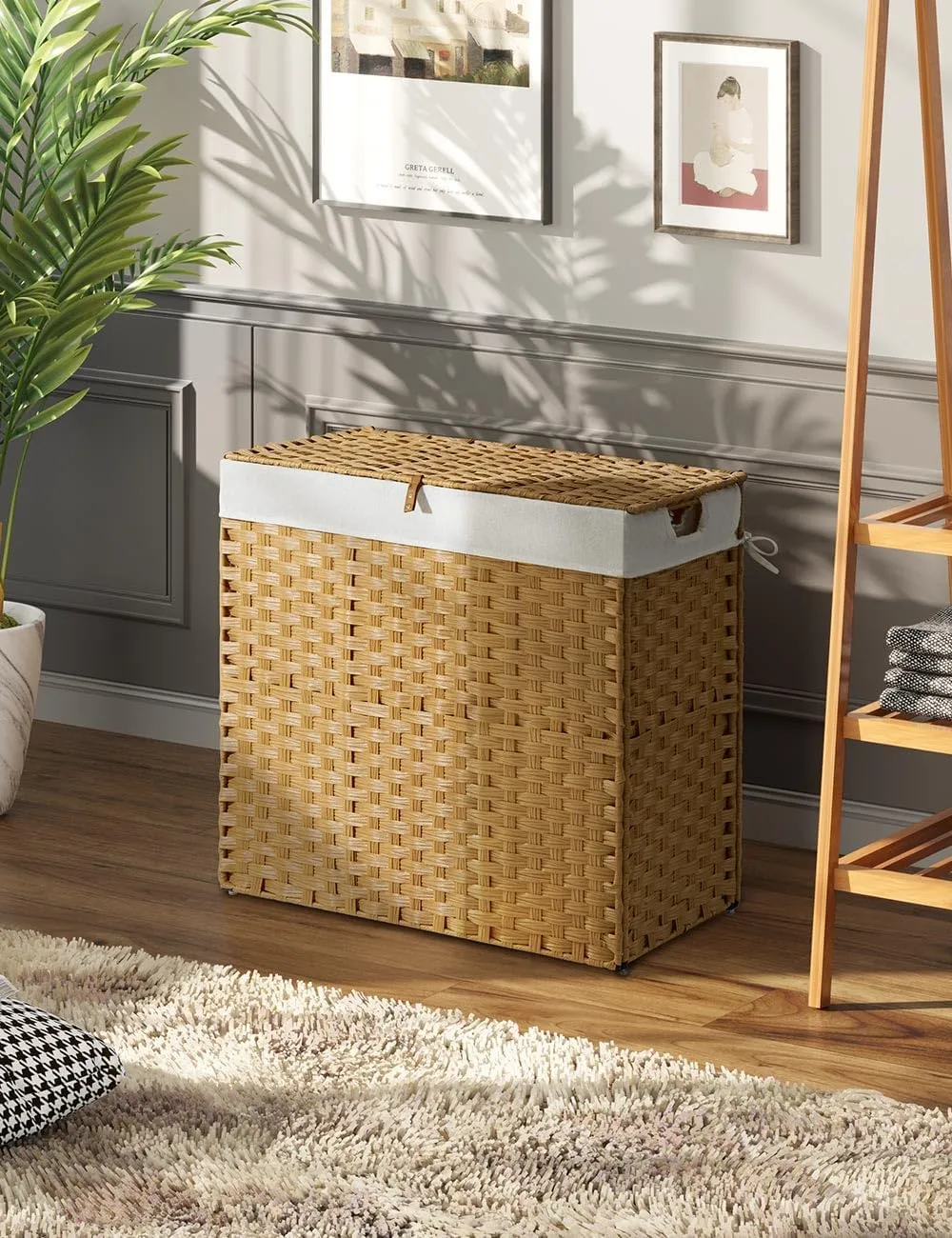 Greenstell Laundry Hamper with lid, No Install Needed, 130L Wicker Laundry Baskets Foldable 2 Removable Liner Bags, 2 Section Clothes Hamper Handwoven Rattan Laundry Basket with Handles, Natural