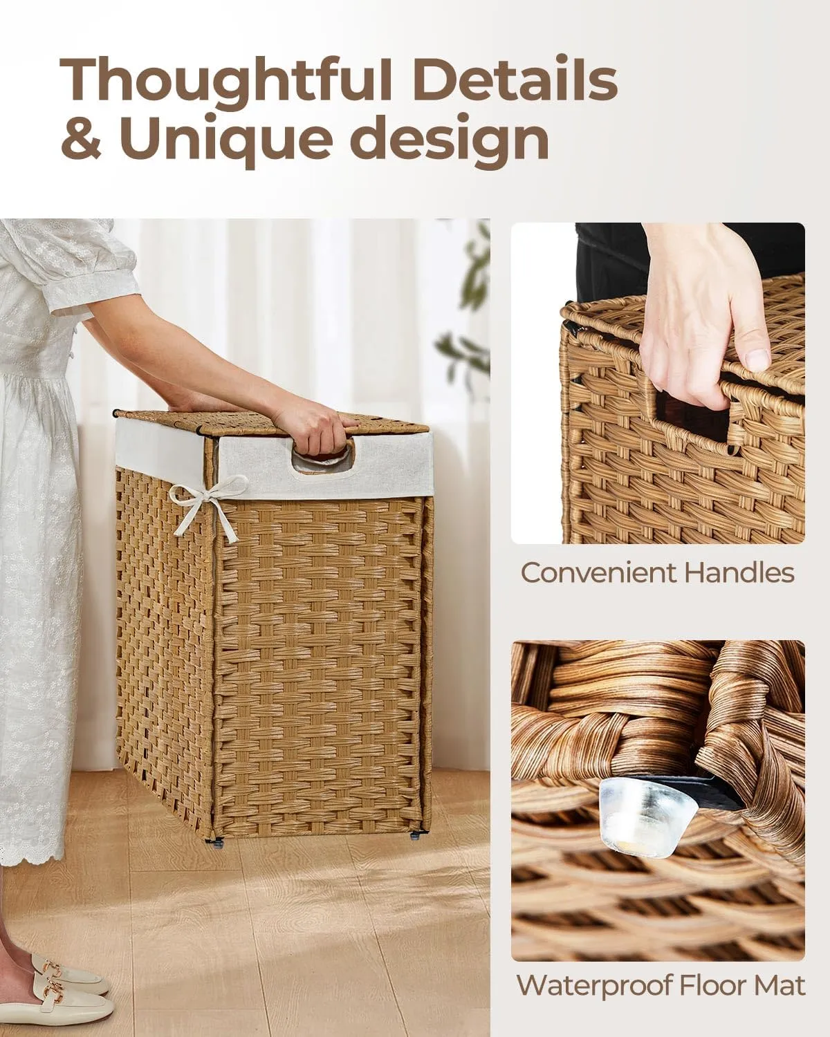 Greenstell Laundry Hamper with lid, No Install Needed, 130L Wicker Laundry Baskets Foldable 2 Removable Liner Bags, 2 Section Clothes Hamper Handwoven Rattan Laundry Basket with Handles, Natural