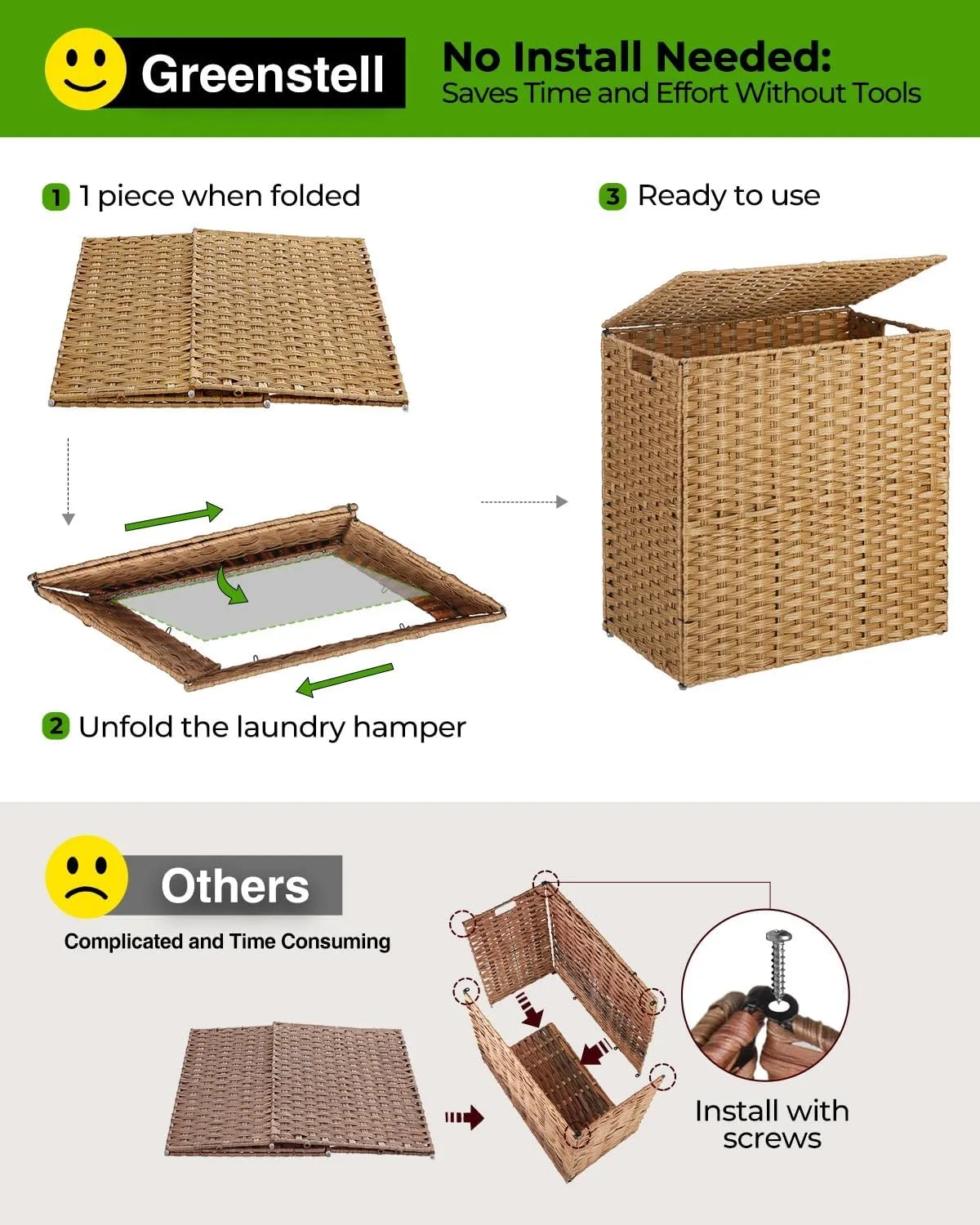 Greenstell Laundry Hamper with lid, No Install Needed, 130L Wicker Laundry Baskets Foldable 2 Removable Liner Bags, 2 Section Clothes Hamper Handwoven Rattan Laundry Basket with Handles, Natural