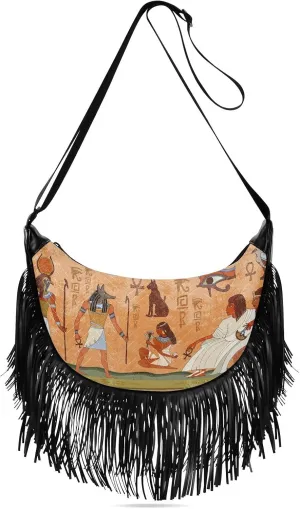 Grunge Murals Ancient Egypt Scene Crossbody Bag for Women Fringe Shoulder Bag with Adjustable Strap