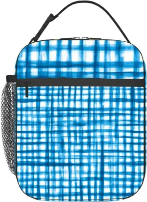 Hand Drawn Watercolor Gingham Window pane grid plaid Stripes indigo Insulated Iunch Bag for Men Woman Large Portable Waterproof Reusable Thermal Lunch Box with Pockets for Work Travel Picnic