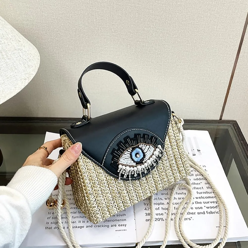 Handmade Bohemian Style Straw Handbag with Evil Eye Embellishment, Novelty Funny Crystal Decor Box Crossbody Bag Tote Clutch