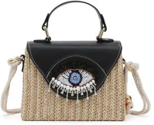 Handmade Bohemian Style Straw Handbag with Evil Eye Embellishment, Novelty Funny Crystal Decor Box Crossbody Bag Tote Clutch