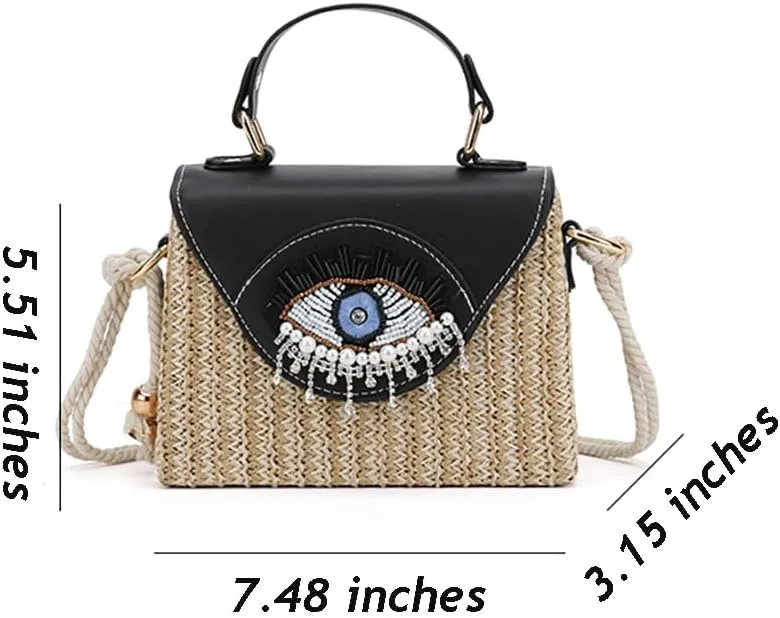 Handmade Bohemian Style Straw Handbag with Evil Eye Embellishment, Novelty Funny Crystal Decor Box Crossbody Bag Tote Clutch