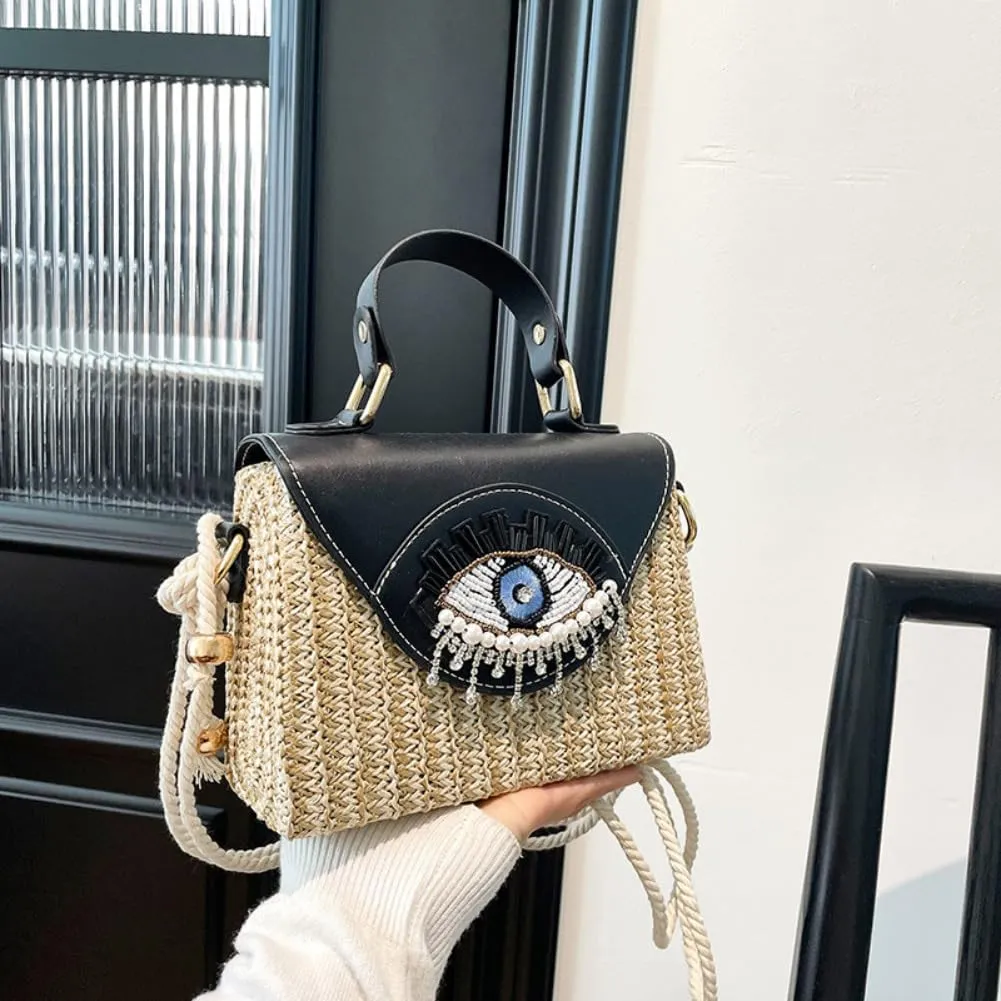 Handmade Bohemian Style Straw Handbag with Evil Eye Embellishment, Novelty Funny Crystal Decor Box Crossbody Bag Tote Clutch