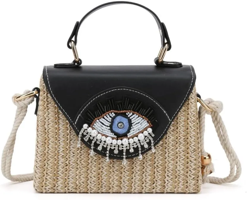 Handmade Bohemian Style Straw Handbag with Evil Eye Embellishment, Novelty Funny Crystal Decor Box Crossbody Bag Tote Clutch