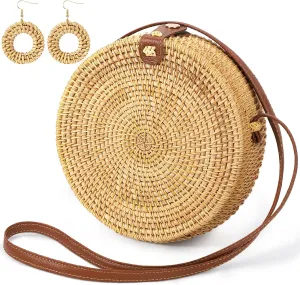 Handwoven Rattan Purses for Women Summer Beach Woven Crossbody Straw Purses with 1 Pair Rattan Earrings