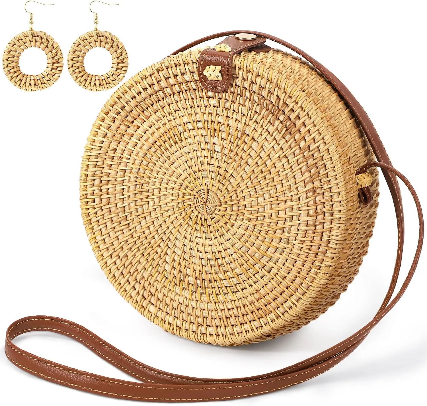 Handwoven Rattan Purses for Women Summer Beach Woven Crossbody Straw Purses with 1 Pair Rattan Earrings