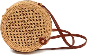 Handwoven Round Rattan Bag with Leather Strap – Boho Wicker Straw Crossbody Purse for Women, Gift for Beach & Holidays