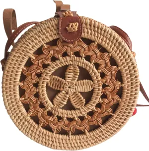 Handwoven Round Rattan Bag with Leather Strap – Boho Wicker Straw Crossbody Purse for Women, Gift for Beach & Holidays