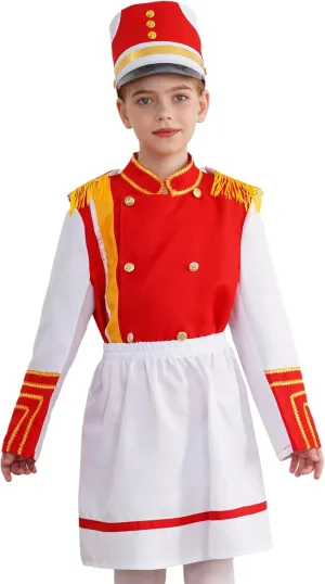 Hansber Girls Drum Majorette Costume Tassels Long Sleeve Tops with Skirt Hat Set Drummer Marching Band Uniform