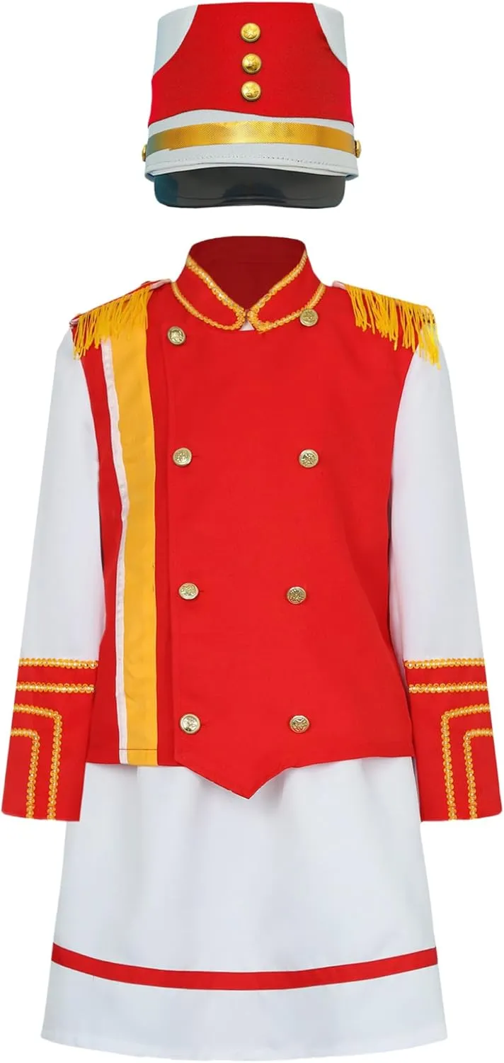 Hansber Girls Drum Majorette Costume Tassels Long Sleeve Tops with Skirt Hat Set Drummer Marching Band Uniform
