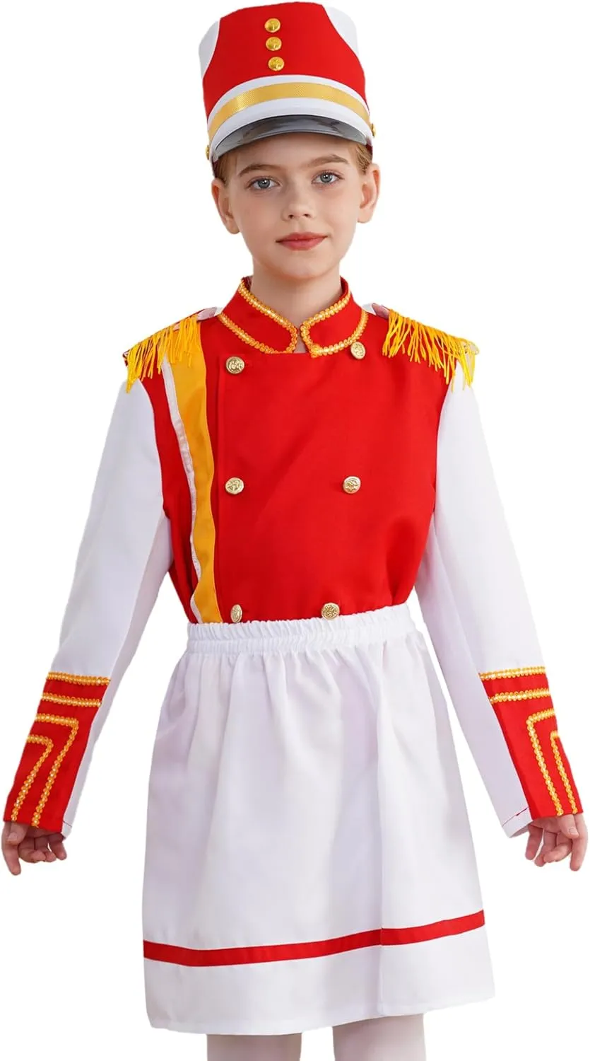 Hansber Girls Drum Majorette Costume Tassels Long Sleeve Tops with Skirt Hat Set Drummer Marching Band Uniform