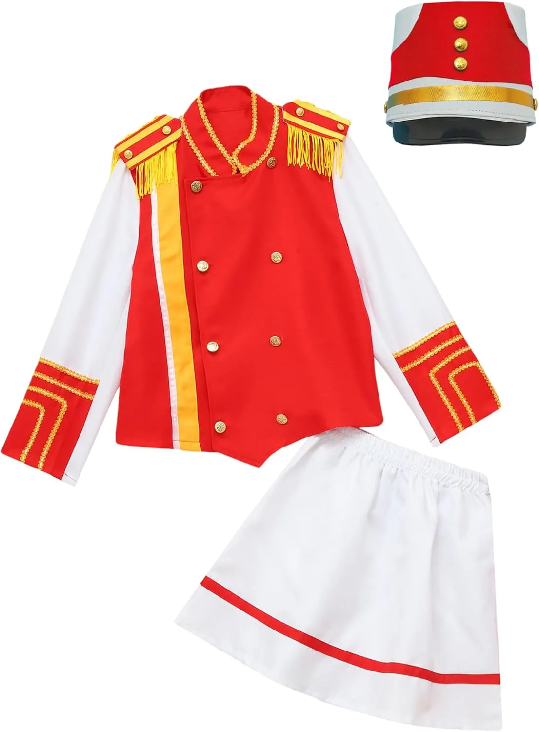 Hansber Girls Drum Majorette Costume Tassels Long Sleeve Tops with Skirt Hat Set Drummer Marching Band Uniform
